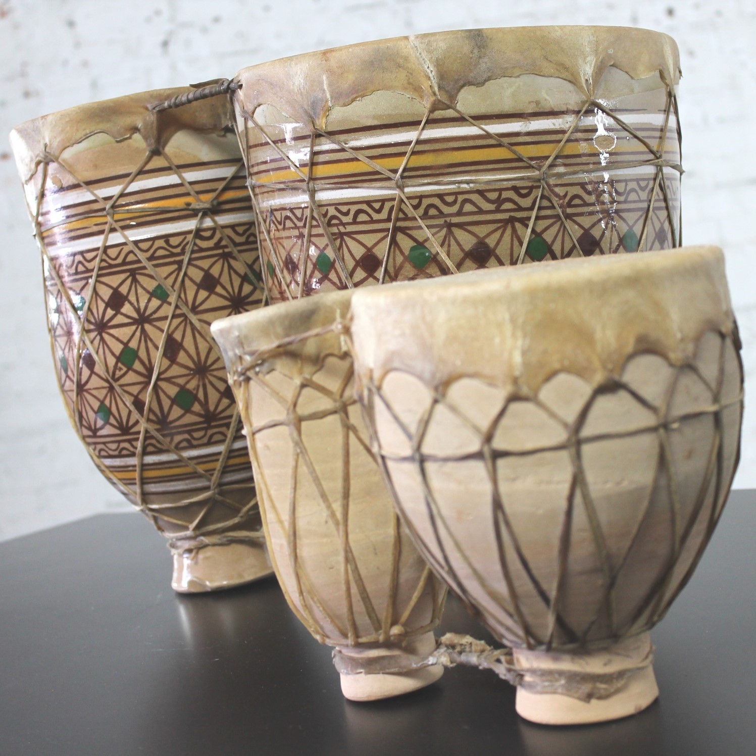 Vintage Set of 2 Moroccan Double Ceramic Bongo-Style Tbilat Drums