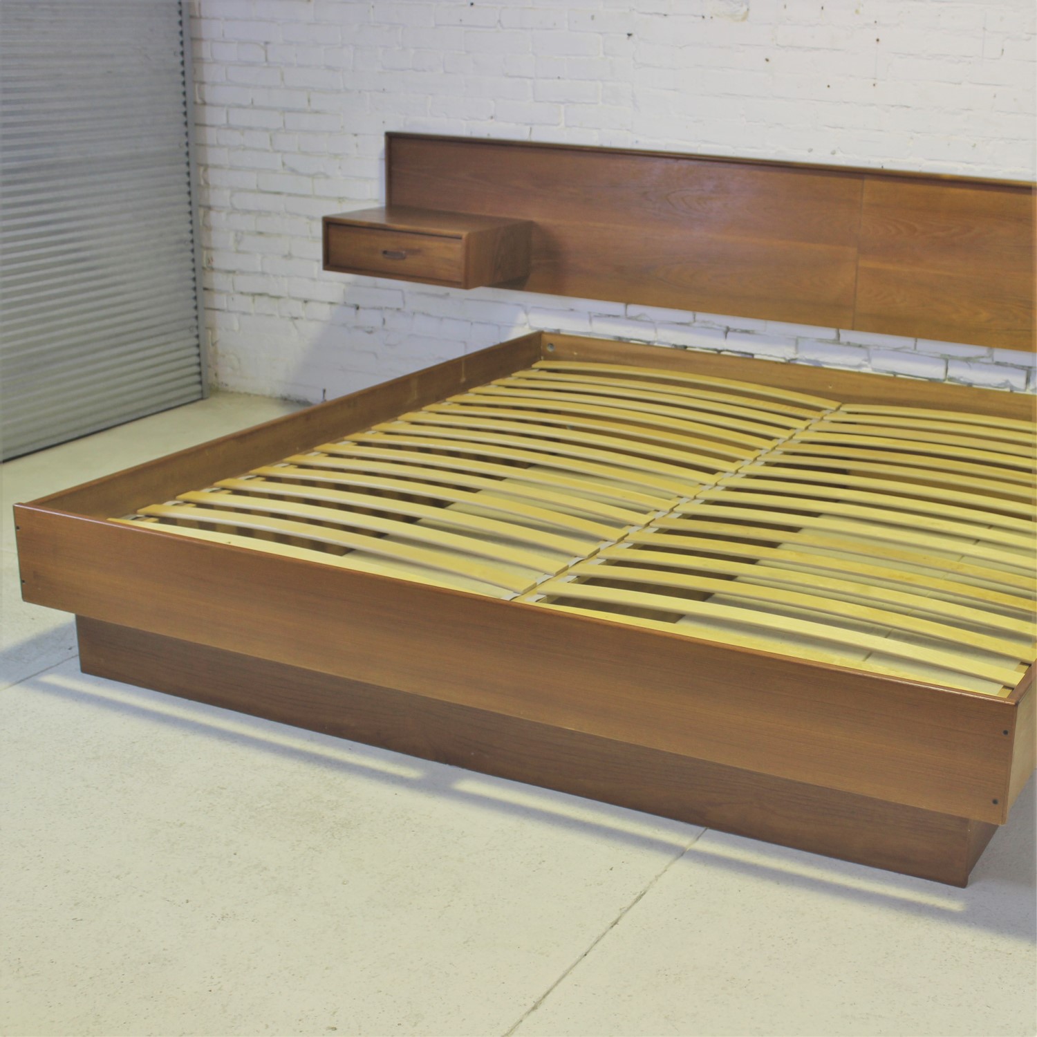 Vintage Scandinavian Modern Teak King Platform Bed with Attached Night Stands