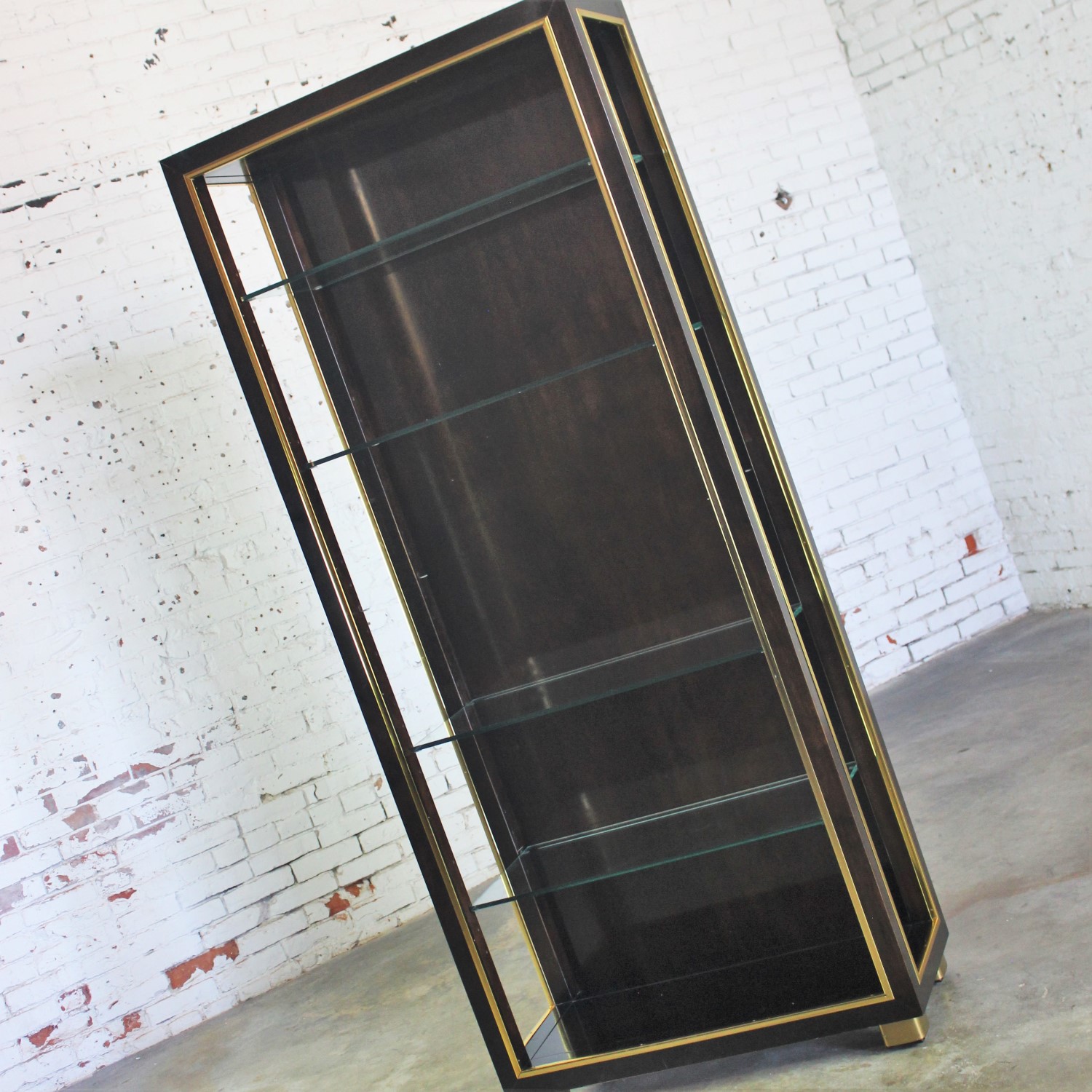 Vintage Dark Wood Etagere Bookcase with Brass Trim and Glass Shelves