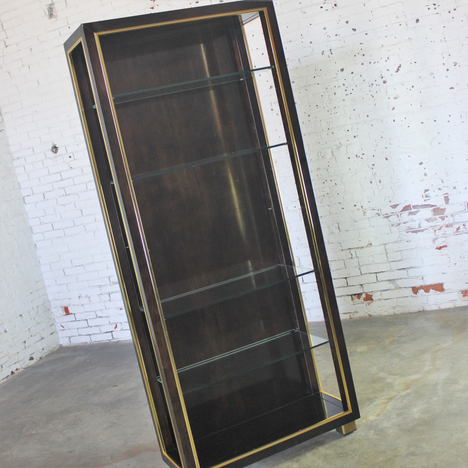 Vintage Dark Wood Etagere Bookcase with Brass Trim and Glass Shelves