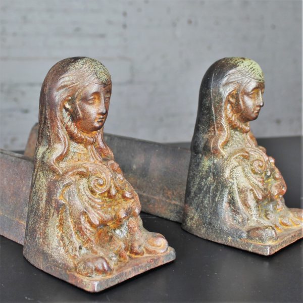 Antique French Cast Iron Female Figural Andirons or Firedogs