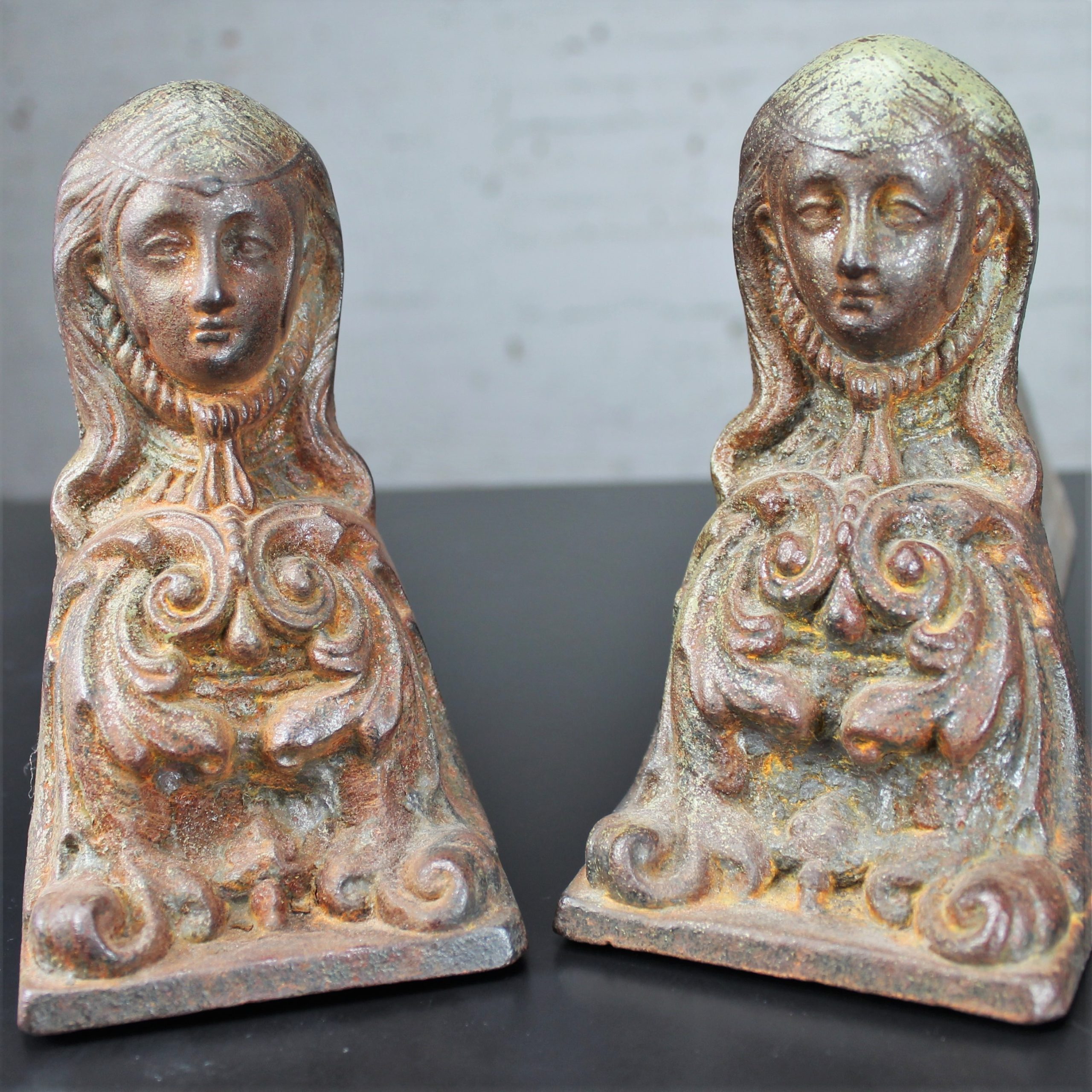 Antique French Cast Iron Female Figural Andirons or Firedogs
