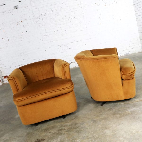 Pair of Drexel Swivel Barrel Shaped Club Chairs in Burnt Orange Velvet