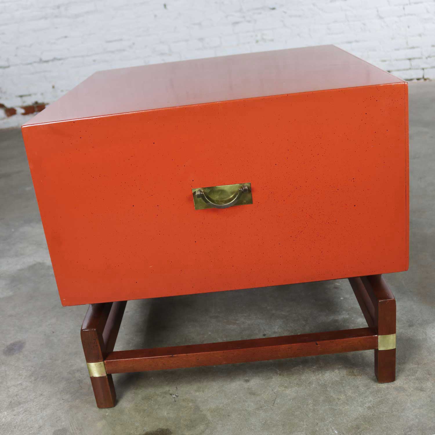 Vintage Red Campaign Style End Table with Drawers & Door & Brass Detail by Hickory