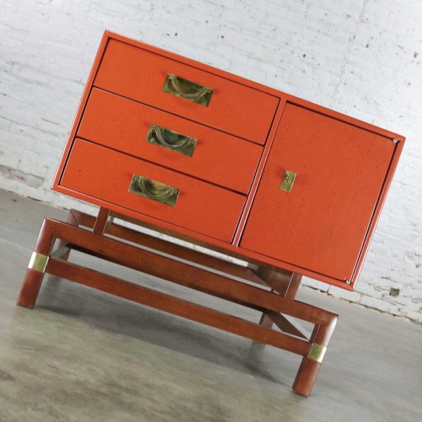 Vintage Red Campaign Style End Table with Drawers & Door & Brass Detail by Hickory