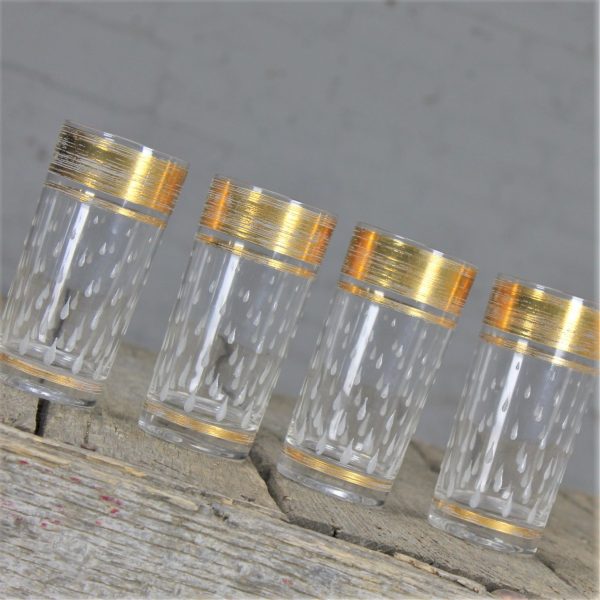 Four Vintage Mid Century Hollywood Regency Glass Tumblers w/ Gold Embossing and Raised Teardrop Design