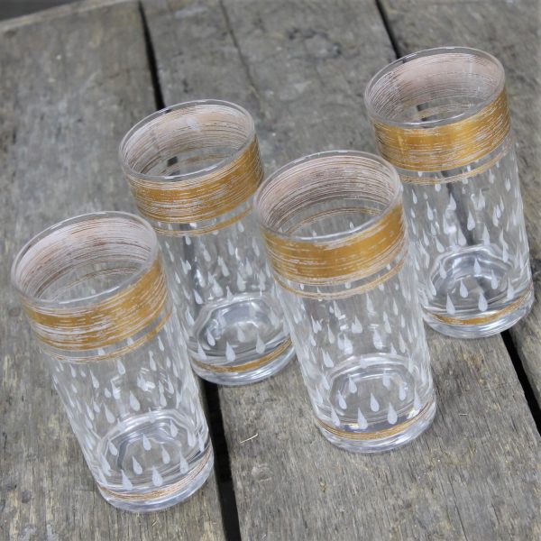 Four Vintage Mid Century Hollywood Regency Glass Tumblers w/ Gold Embossing and Raised Teardrop Design