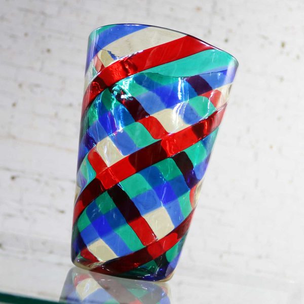 Fasce Ritorte Red Blue Green Murano Glass Vase Attributed to Fulvio Bianconi for Venini