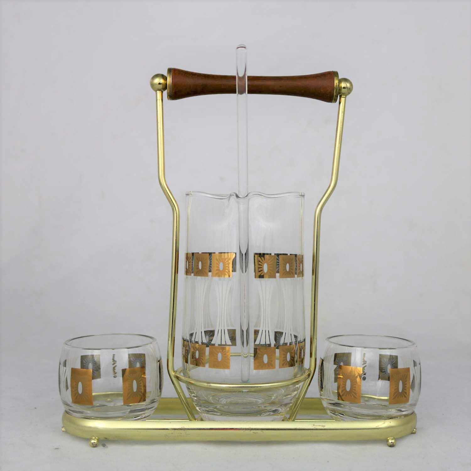 Vintage Mid-Century Modern Fred Press Glass Cocktail Caddy Set in Sun Block Pattern