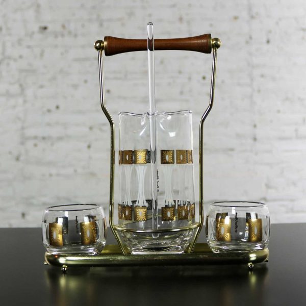 Vintage Mid-Century Modern Fred Press Glass Cocktail Caddy Set in Sun Block Pattern