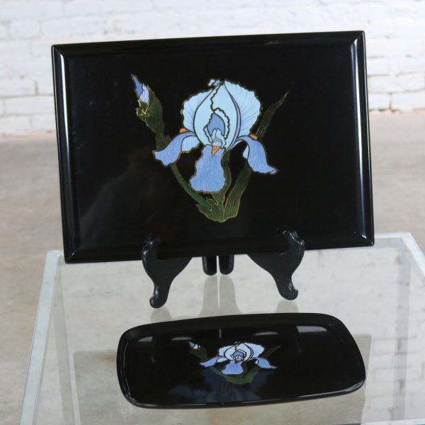 Pair of Vintage Mid-Century Modern Couroc of Monterey Black Trays with Blue Iris