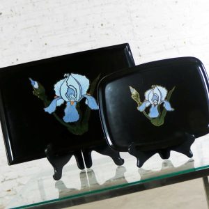 Pair of Vintage Mid-Century Modern Couroc of Monterey Black Trays with Blue Iris