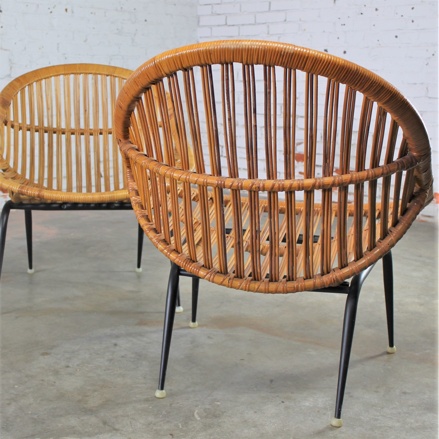 Pair of Mid Century Modern Rattan Wicker Basket Chairs by Troy Sunshade Company