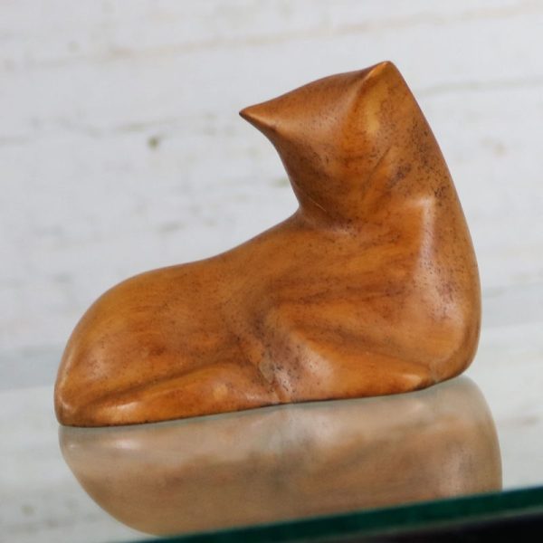 Hand Carved Wood Mid Century Modern Cat Sculpture Signed Luman Kelsey