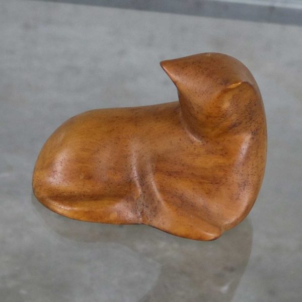 Hand Carved Wood Mid Century Modern Cat Sculpture Signed Luman Kelsey
