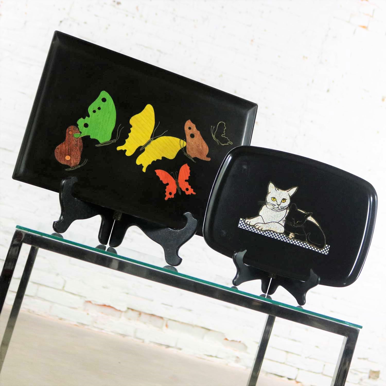 Pair of Vintage Mid-Century Modern Couroc of Monterey Black Trays Cats & Butterflies