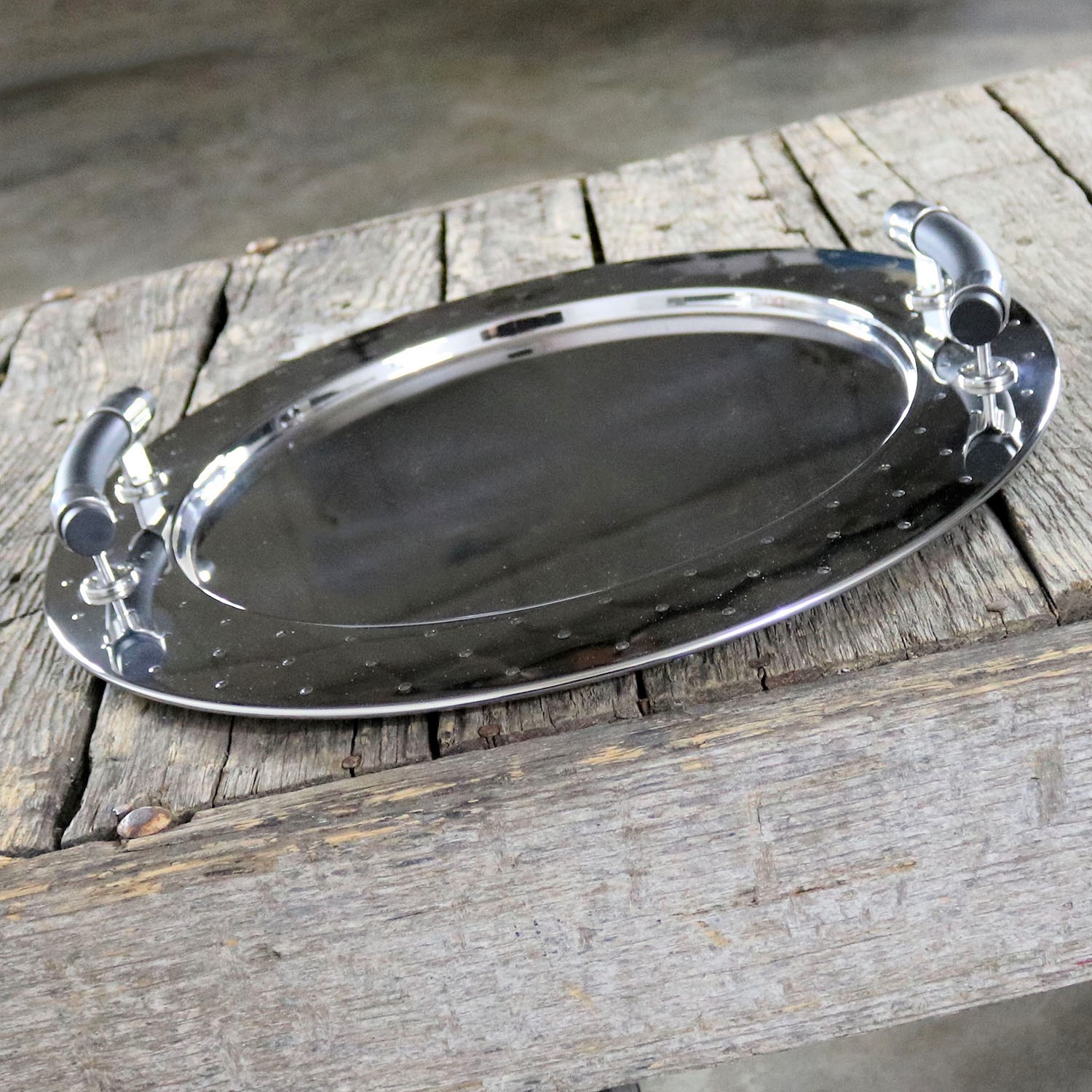 Michael Graves Round Stainless Steel Tray with Black Handles for Alessi