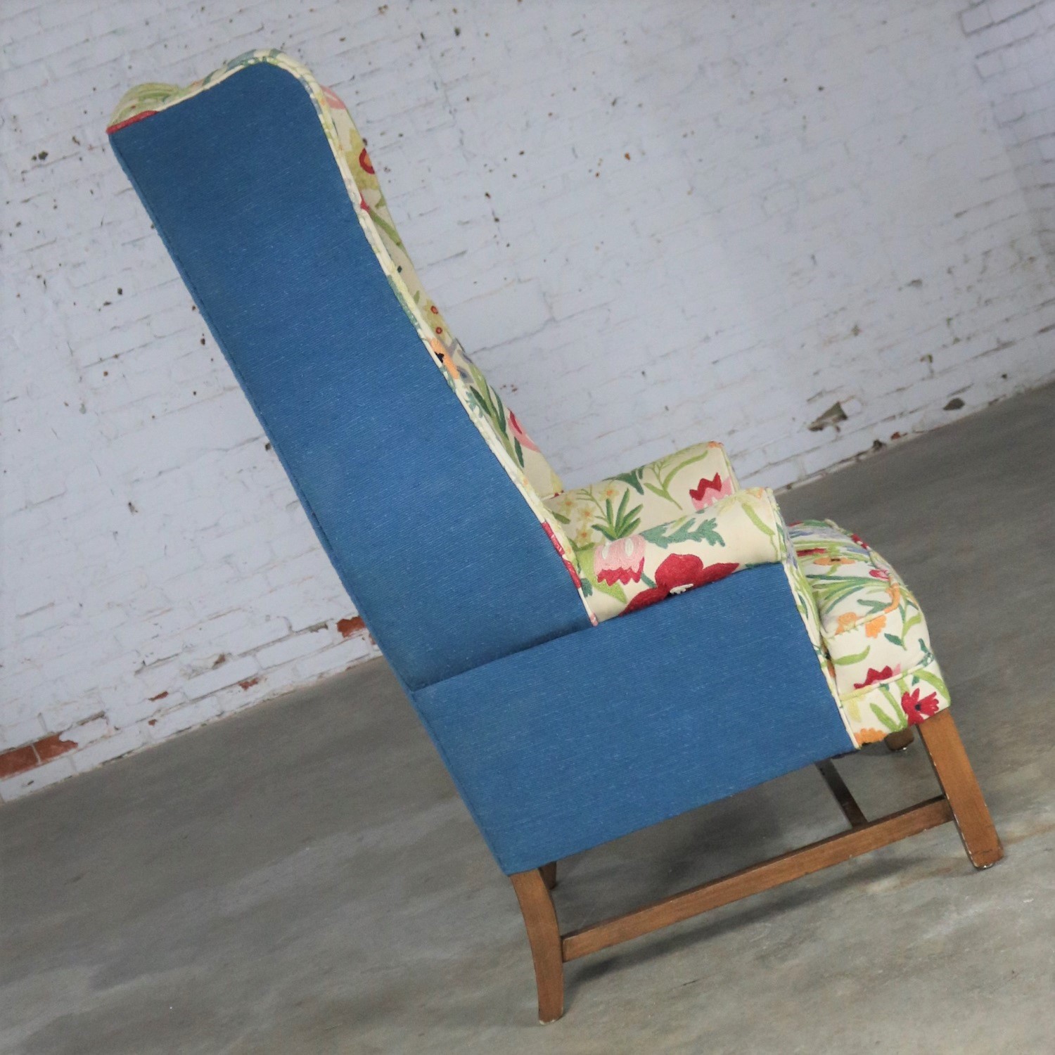Tall Wingback Chair Upholstered in Bold and Bright Crewel Floral