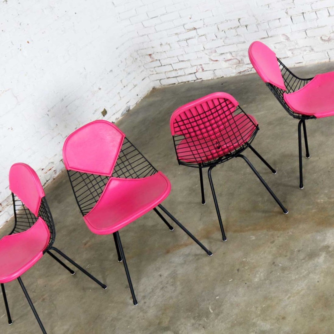 4 DKX-2 Wire Bikini Shell Chairs w/ X Bases & Hot Pink Bikinis by Eames for  Herman Miller