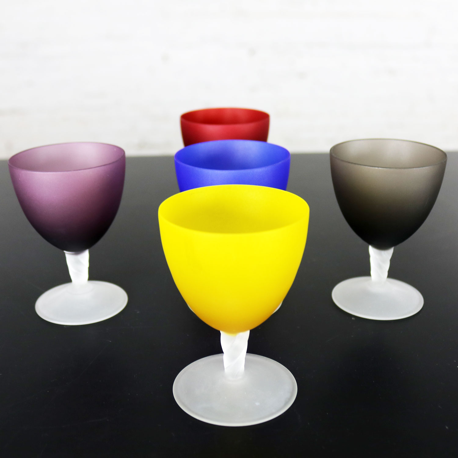 Set of 5 Small Multi-Colored Frosted Glass Wine Coupes or Cordial Glasses