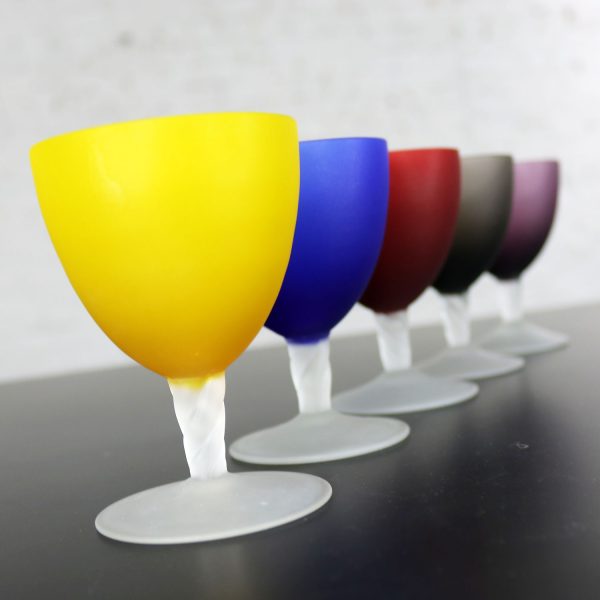 Set of 5 Small Multi-Colored Frosted Glass Wine Coupes or Cordial Glasses