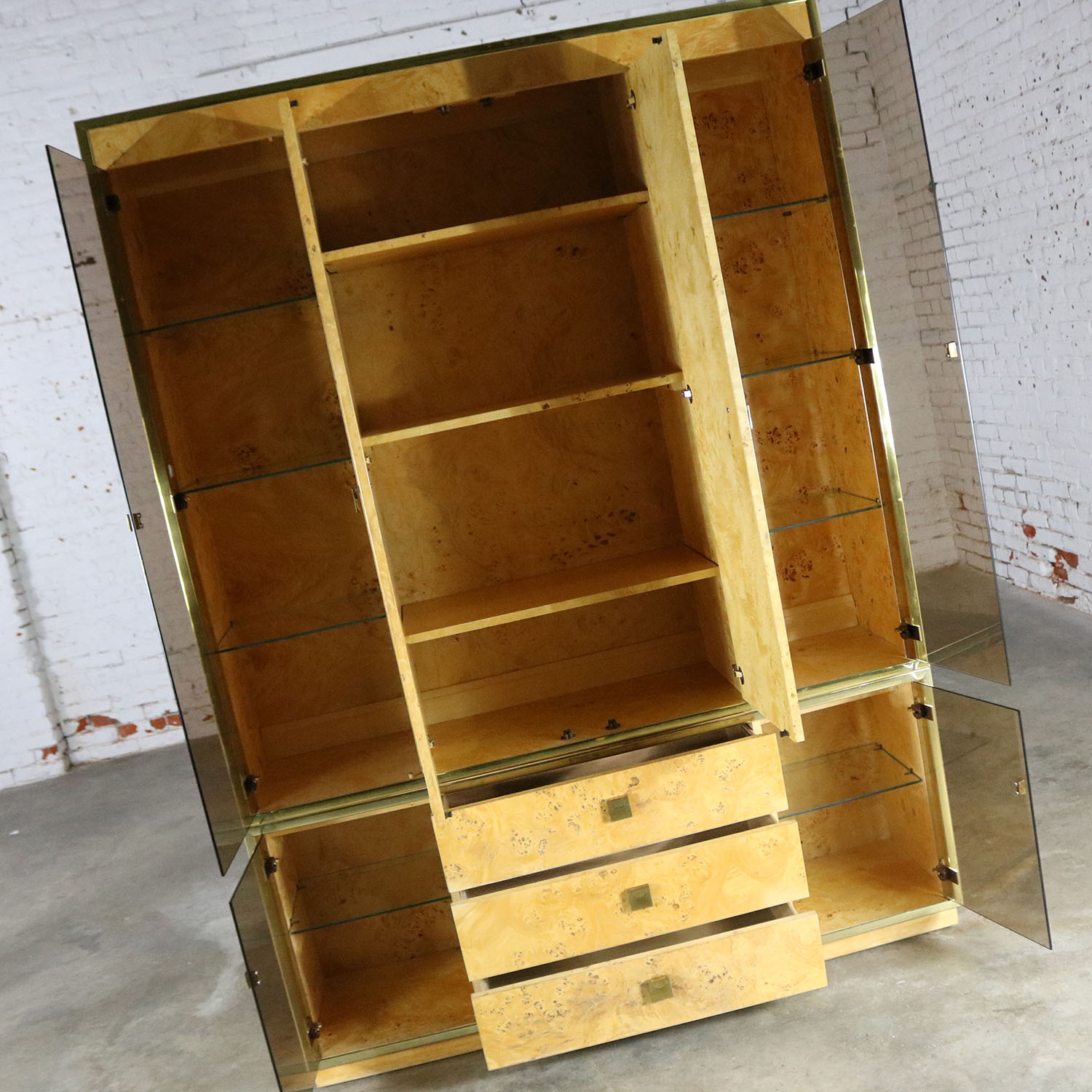 Founders Furniture Burled Wood and Smoke Glass Wall Unit Display Cabinet