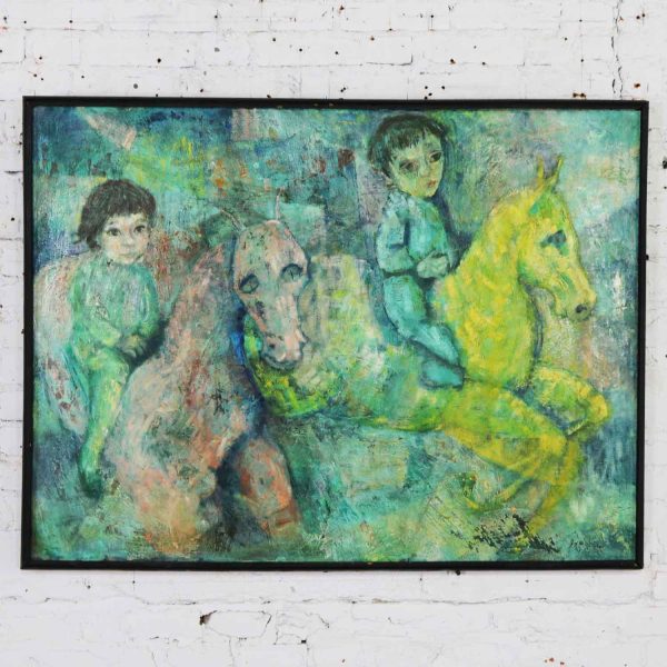 Vintage Impressionist Painting of Children on Horseback by Brooks Wolcott