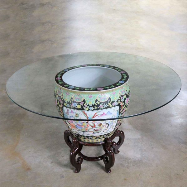 Chinese Porcelain Fish Bowl on Stand with Round Glass Top as Dining or Center Table