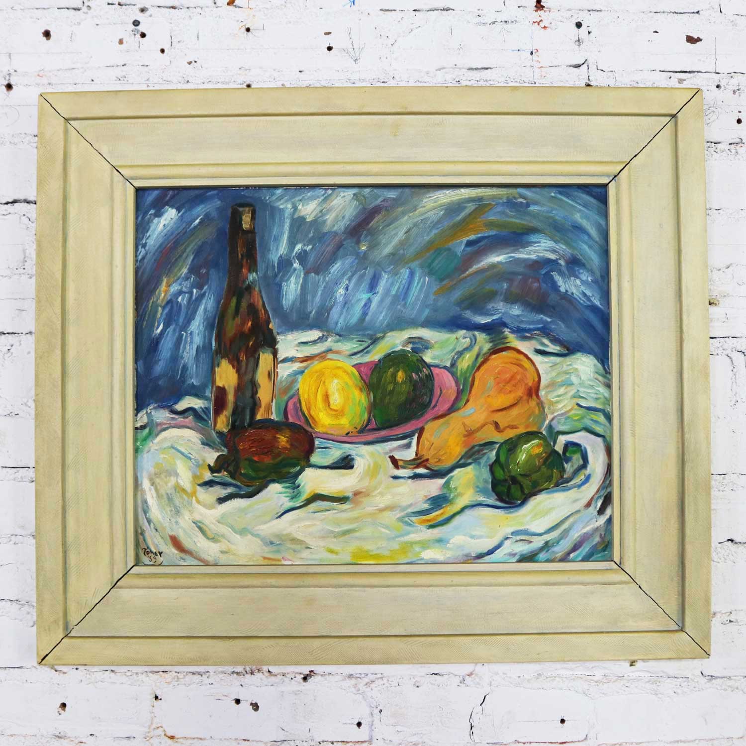 Mid Century Still Life with Fruit and Wine Bottle by Lee Tonar 1959