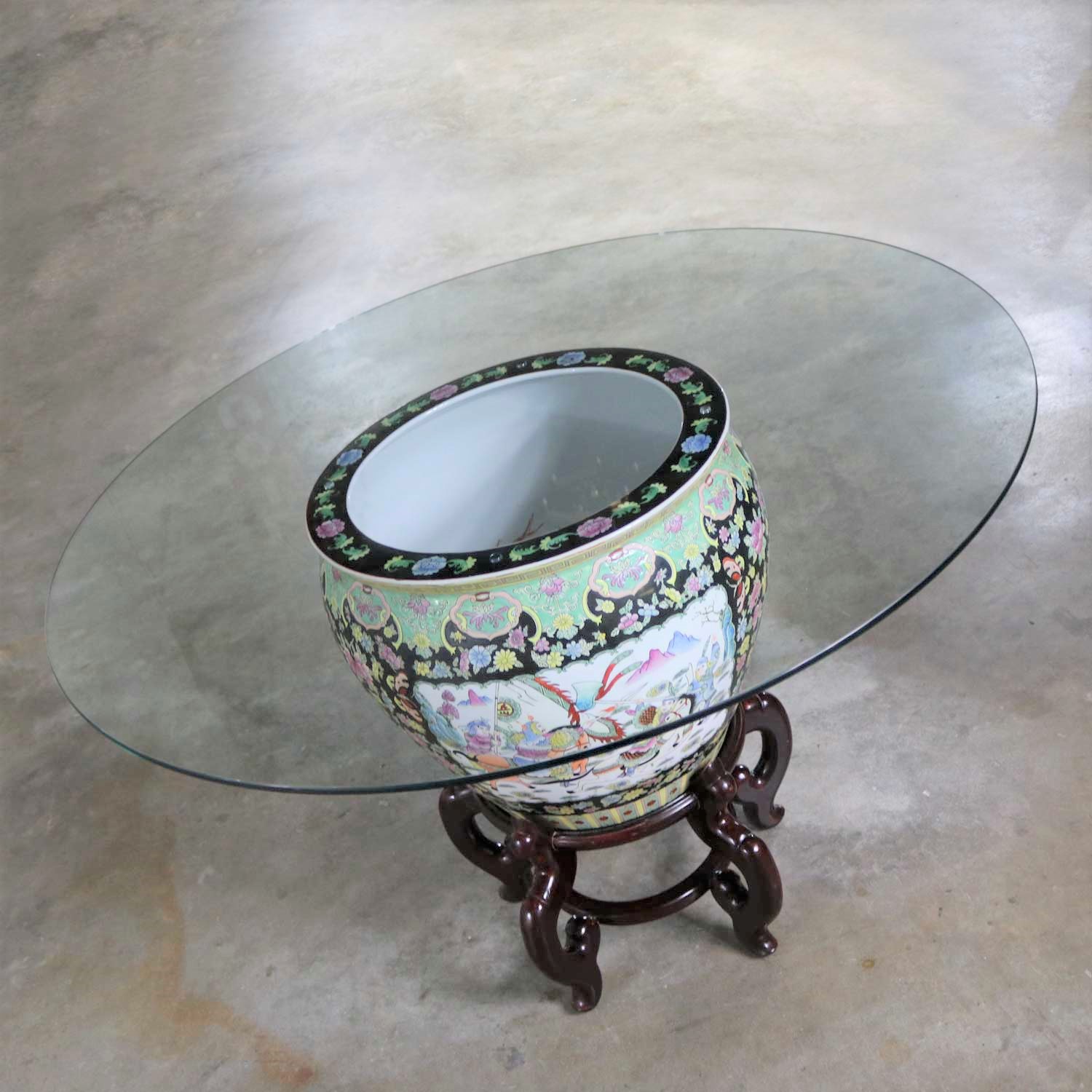 Chinese Porcelain Fish Bowl on Stand with Round Glass Top as Dining or Center Table