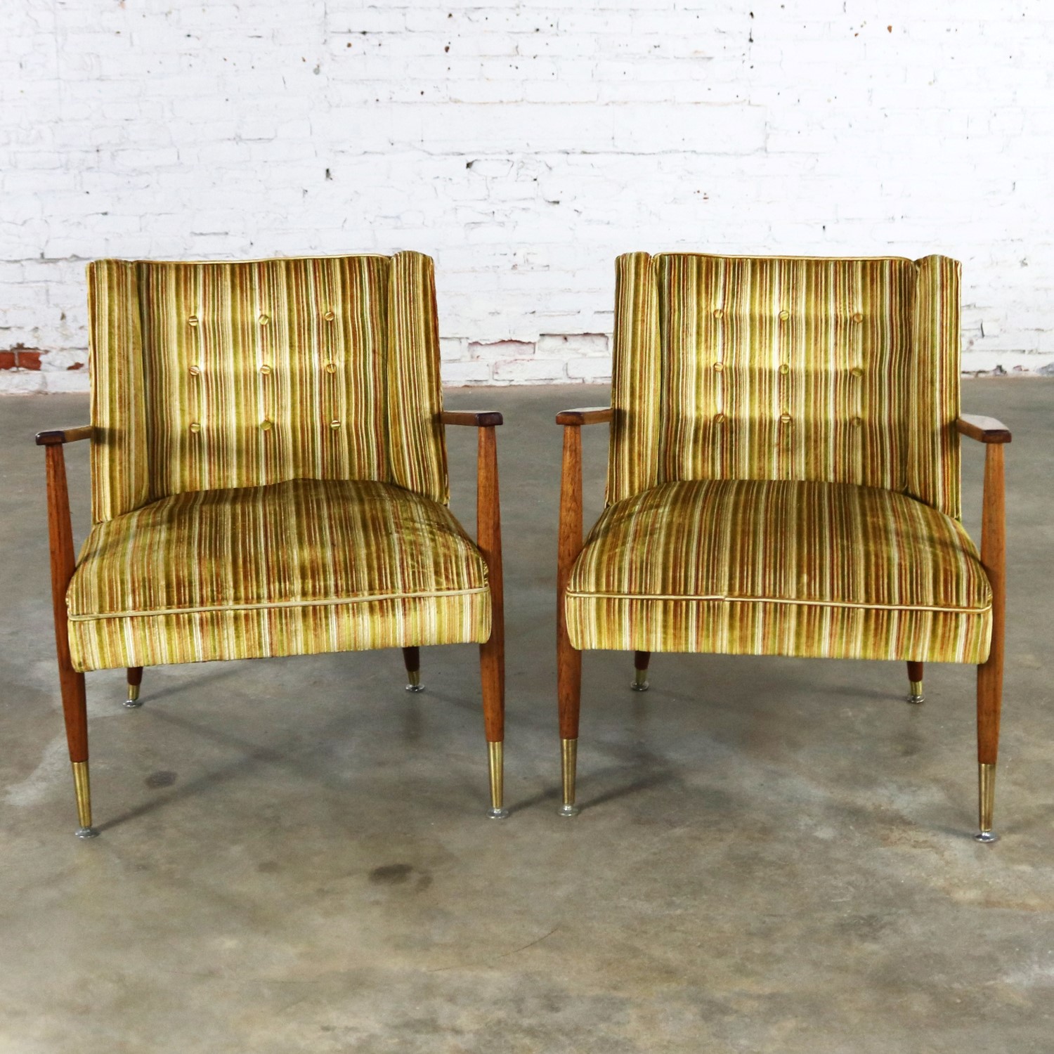Mid Century Modern Pair of Lounge Chairs with Teak Arms & Legs & Brass Sabots