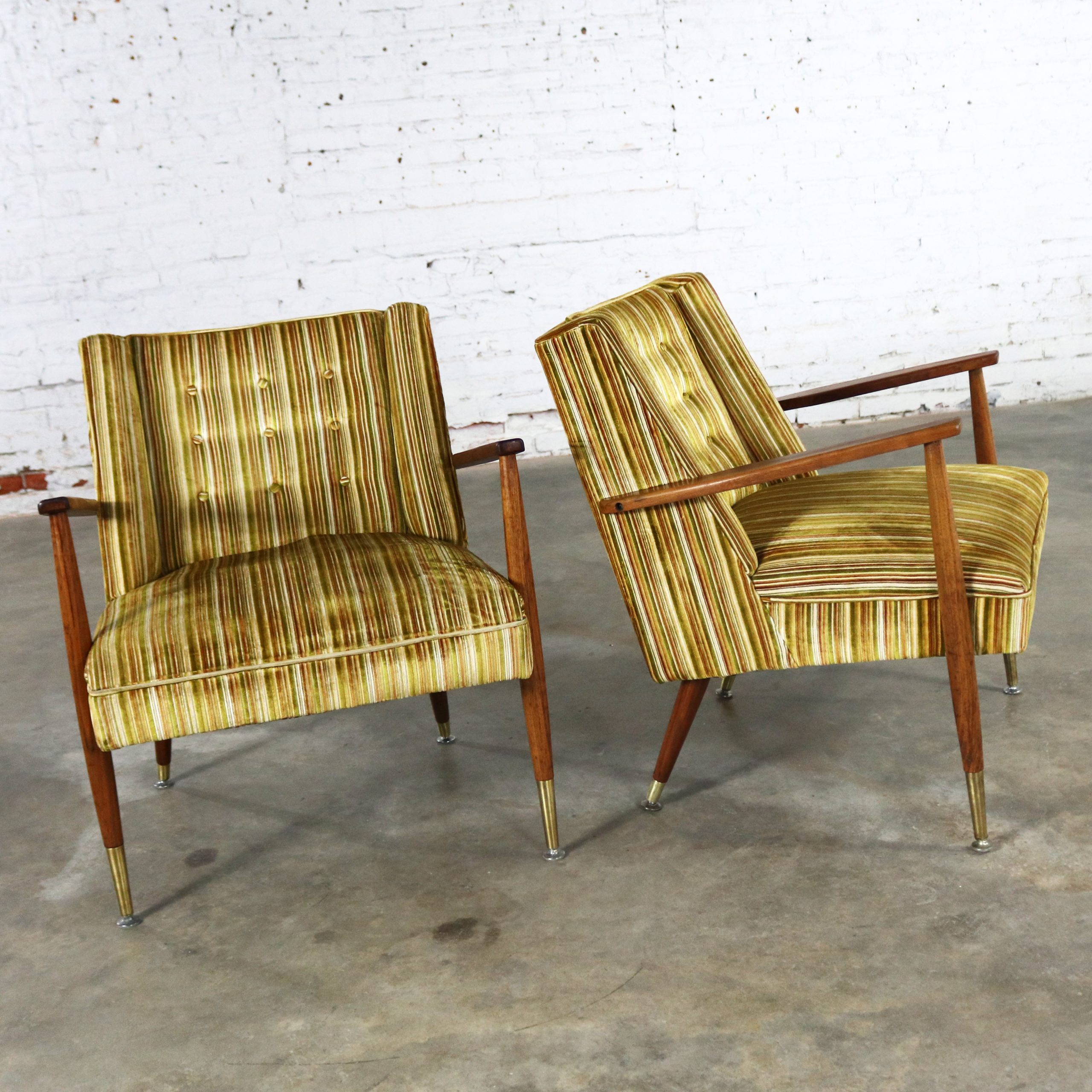 Mid Century Modern Pair of Lounge Chairs with Teak Arms & Legs & Brass Sabots