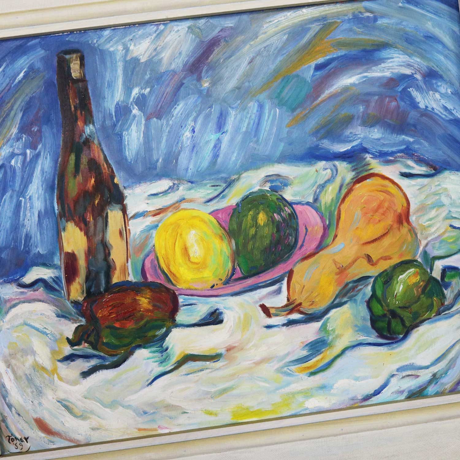 Mid Century Still Life with Fruit and Wine Bottle by Lee Tonar 1959