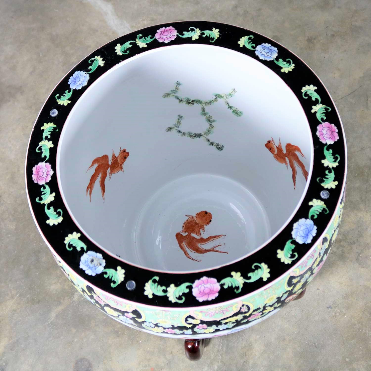 Chinese Porcelain Fish Bowl on Stand with Round Glass Top as Dining or Center Table