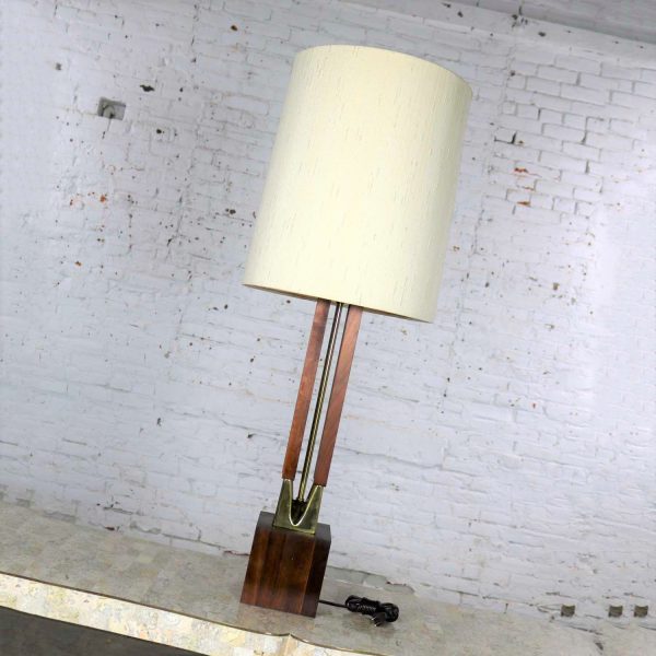 Mid Century Modern Large Scale Walnut and Brass Lamp Attributed to Laurel Lamp Mfg.