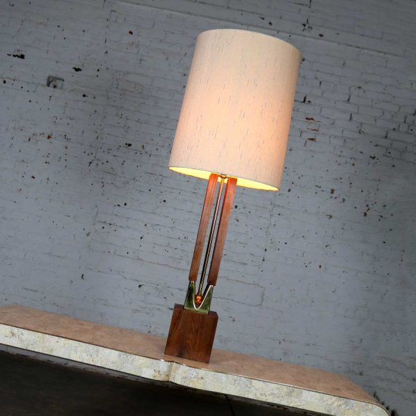 Mid Century Modern Large Scale Walnut and Brass Lamp Attributed to Laurel Lamp Mfg.