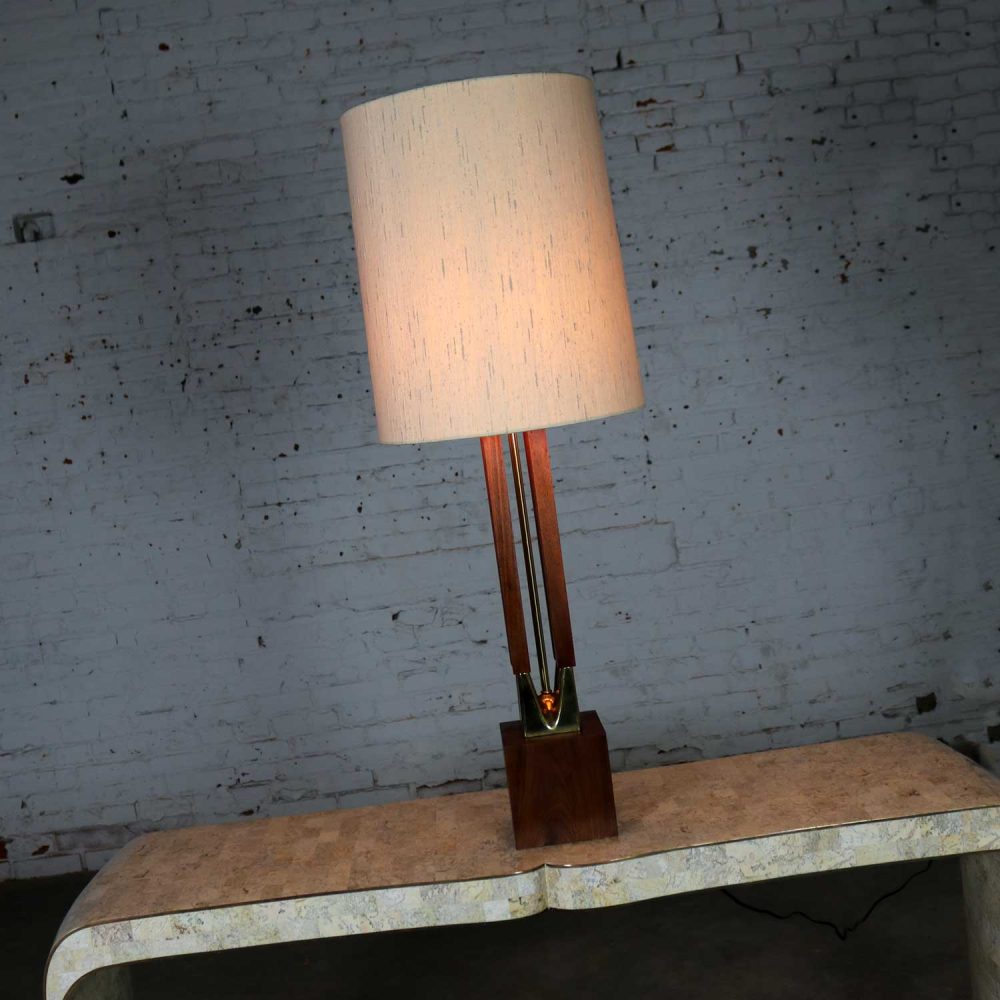 Mid Century Modern Large Scale Walnut and Brass Lamp Attributed to Laurel Lamp Mfg.