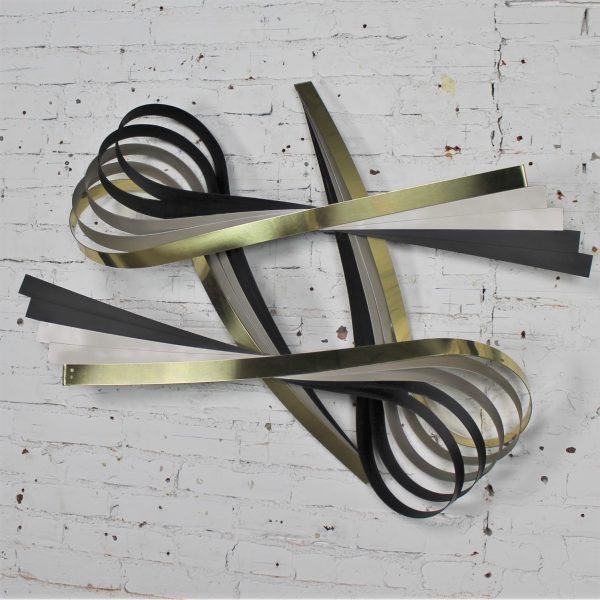 Vintage C. Jere Ribbon Wall Sculpture in Brass-Tone, Silver and Black Painted Metal