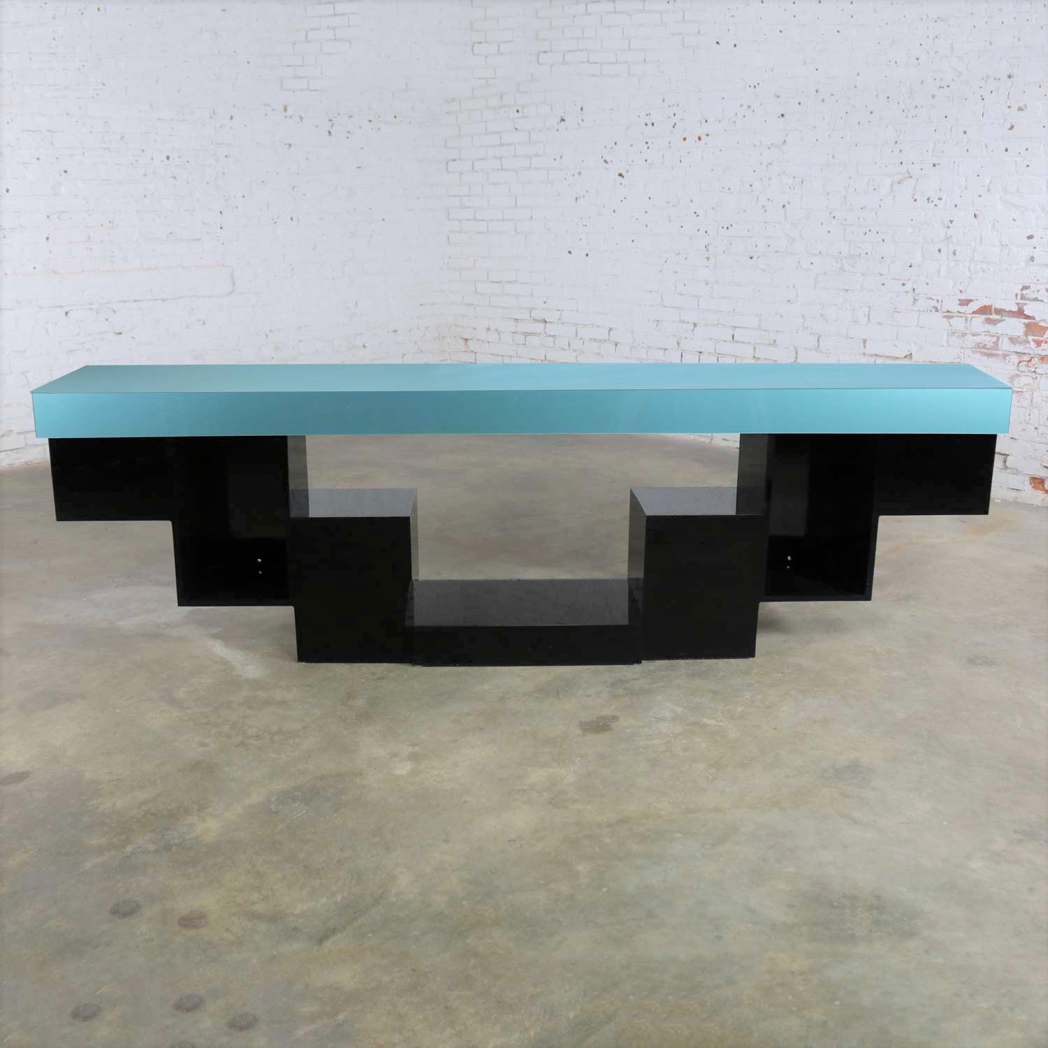 Modern Zig Zag Stepped Plexiglass Clad Console Table or Credenza in Black and Teal