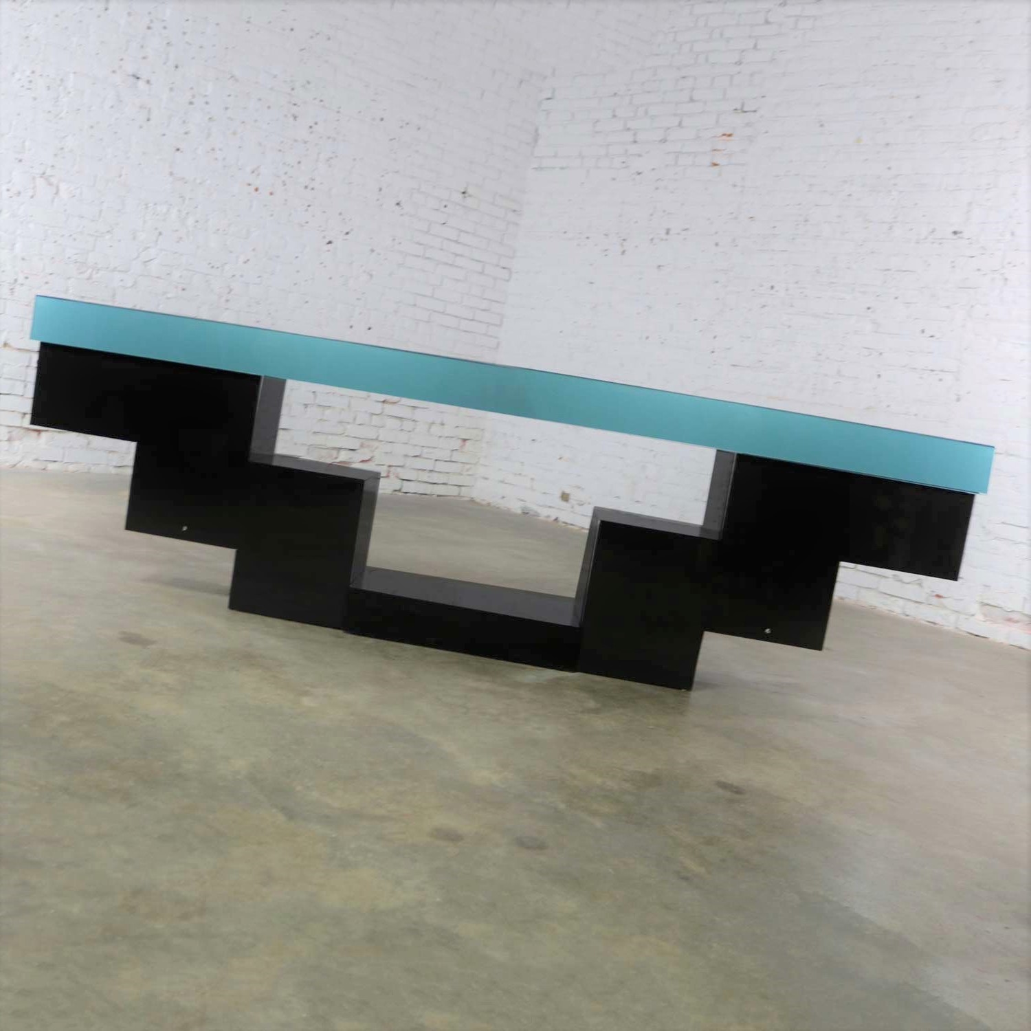 Modern Zig Zag Stepped Plexiglass Clad Console Table or Credenza in Black and Teal
