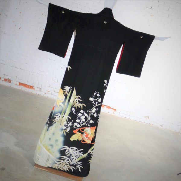 Japanese Black Silk Hand Dyed Kurotomesode Kimono with Kabuki Figures Bamboo and Plum Blossom