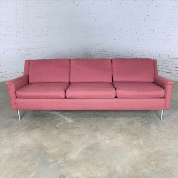 Mid Century Modern Fuchsia Sofa w/ Turned Metal Tapered Legs Style of Edward Wormley