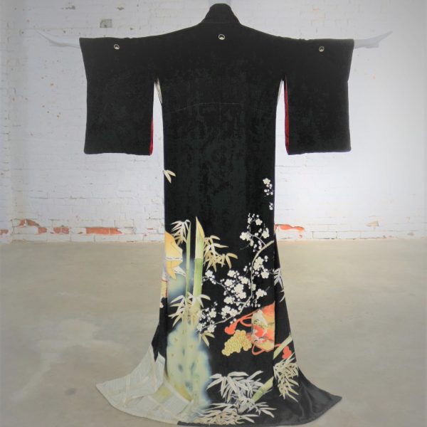 Japanese Black Silk Hand Dyed Kurotomesode Kimono with Kabuki Figures Bamboo and Plum Blossom