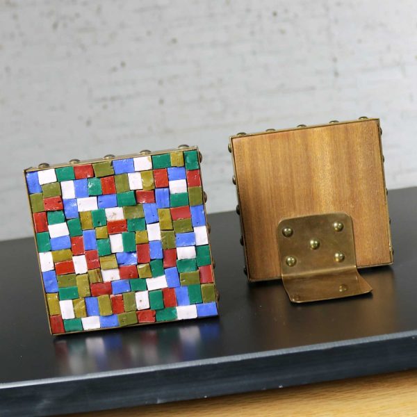 Vintage Arts and Crafts Copper and Glass Mosaic Bookends