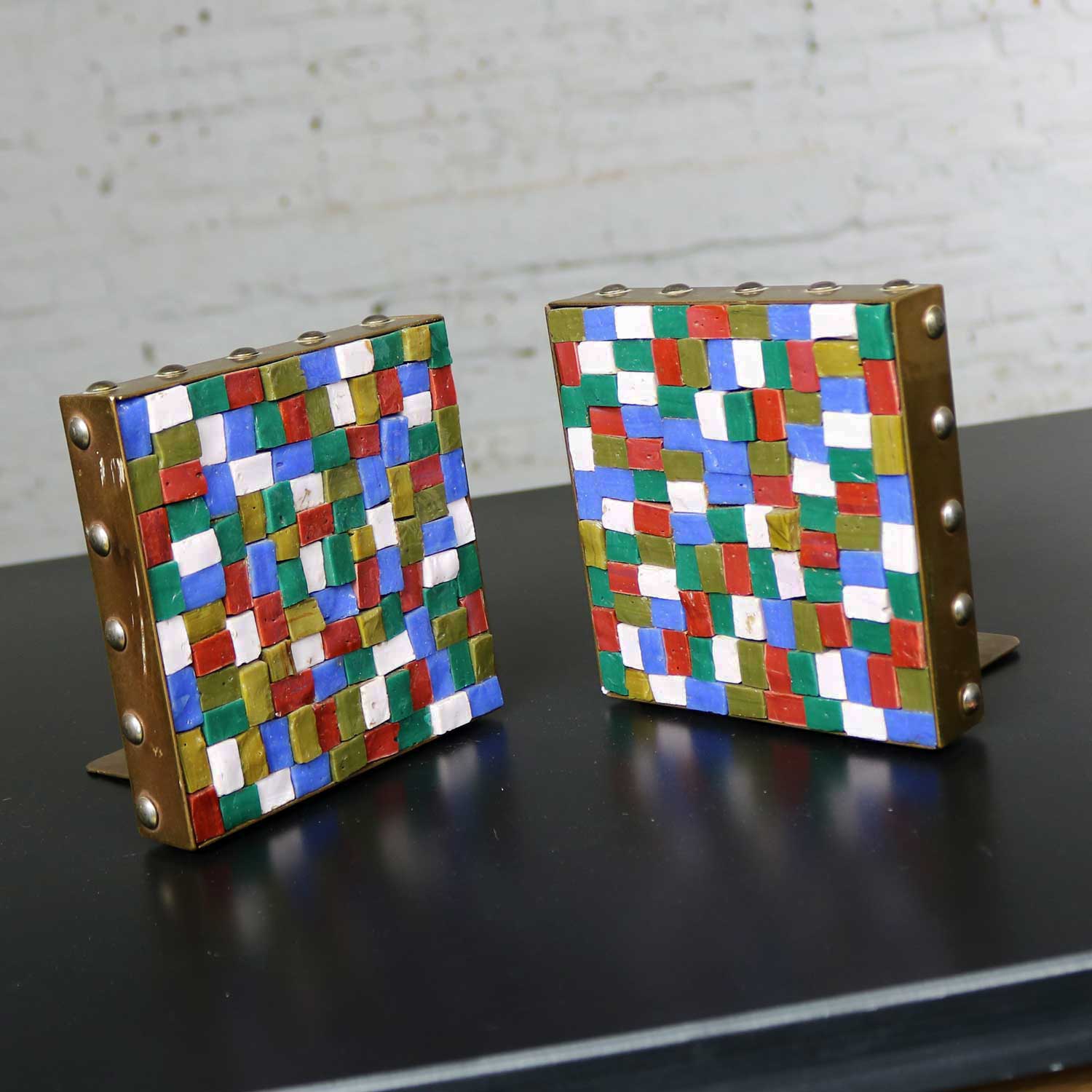 Vintage Arts and Crafts Copper and Glass Mosaic Bookends