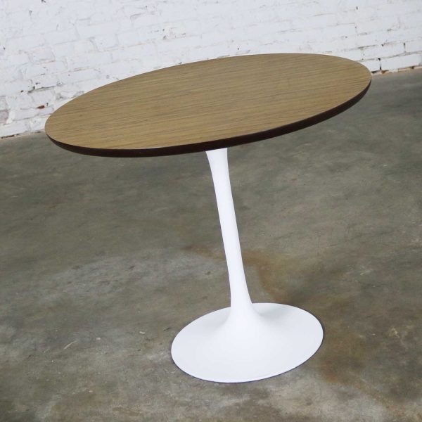 Vintage Saarinen Style White Tulip Base Table Light Woodgrain Laminate Top