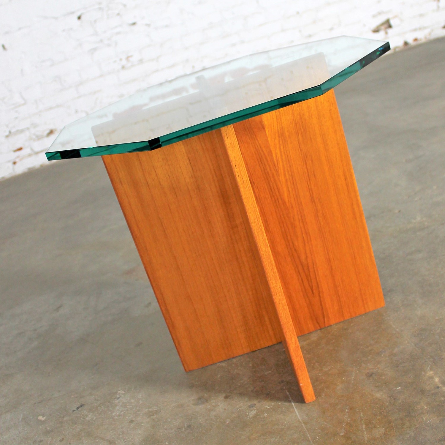 Teak X Base Octagon Glass Topped Side Table Vintage Scandinavian Modern