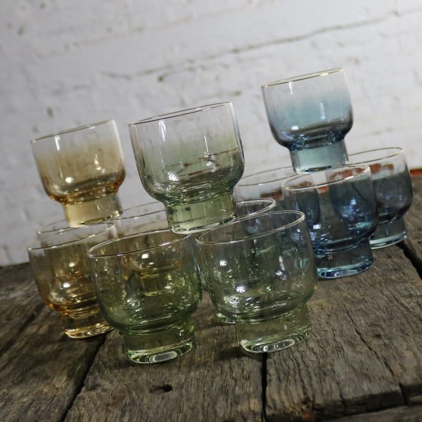 Small Footed Sapphire Emerald Topaz Ombre Cocktail Glasses Gold Rim MCM Set of Twelve