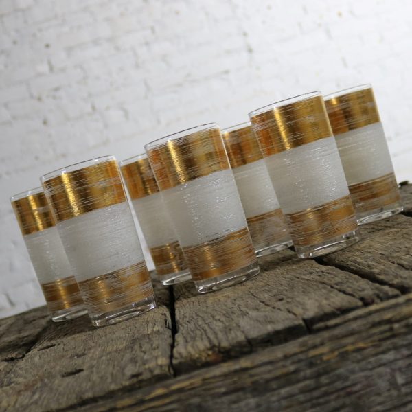 Mid Century Modern Highball Cocktail Glasses Horizontal Gold and White Bands Set of Seven