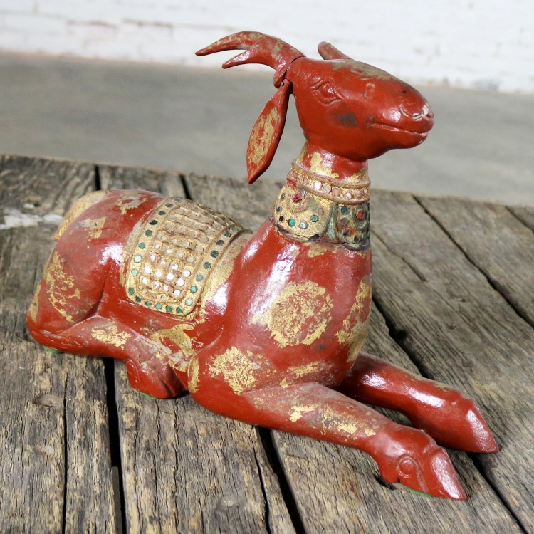 Carved Wood Recumbent Deer with Jewels and Gilding from Thailand